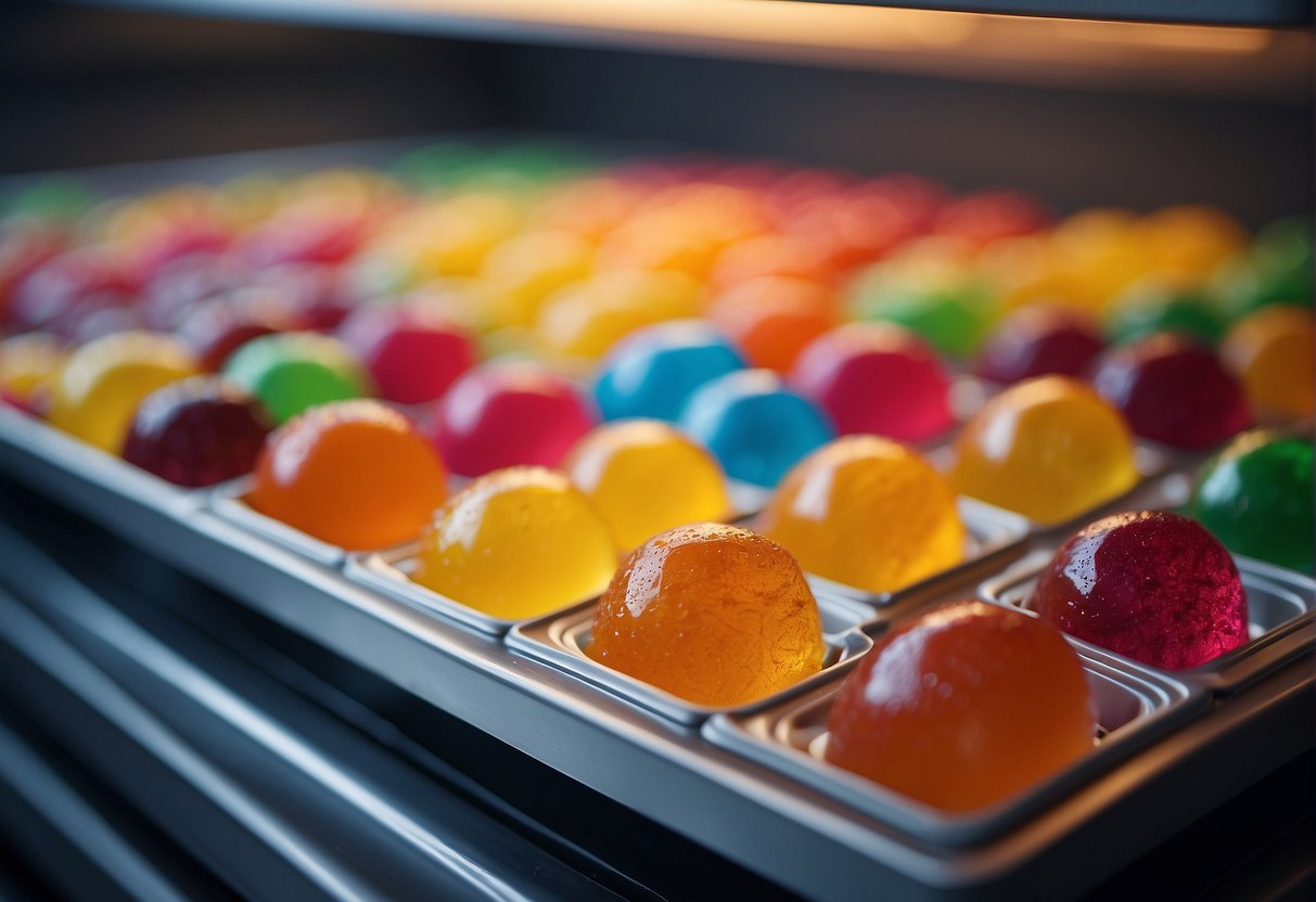 Colorful candy pieces placed on trays inside a freeze dryer, surrounded by cold air and condensation